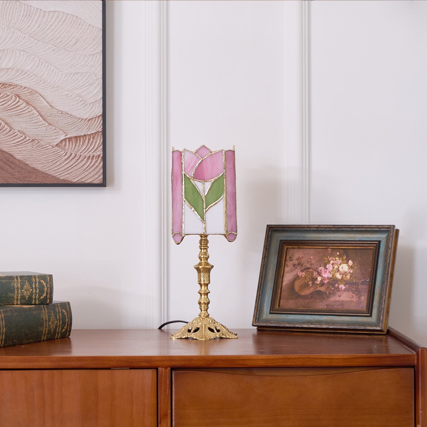 Lámpara de Mesa Tulip Tiffany en Vidrio Rosa y Verde, Diseño Floral Vintage, Base de Latón, Compatible con LED E26/E27 7