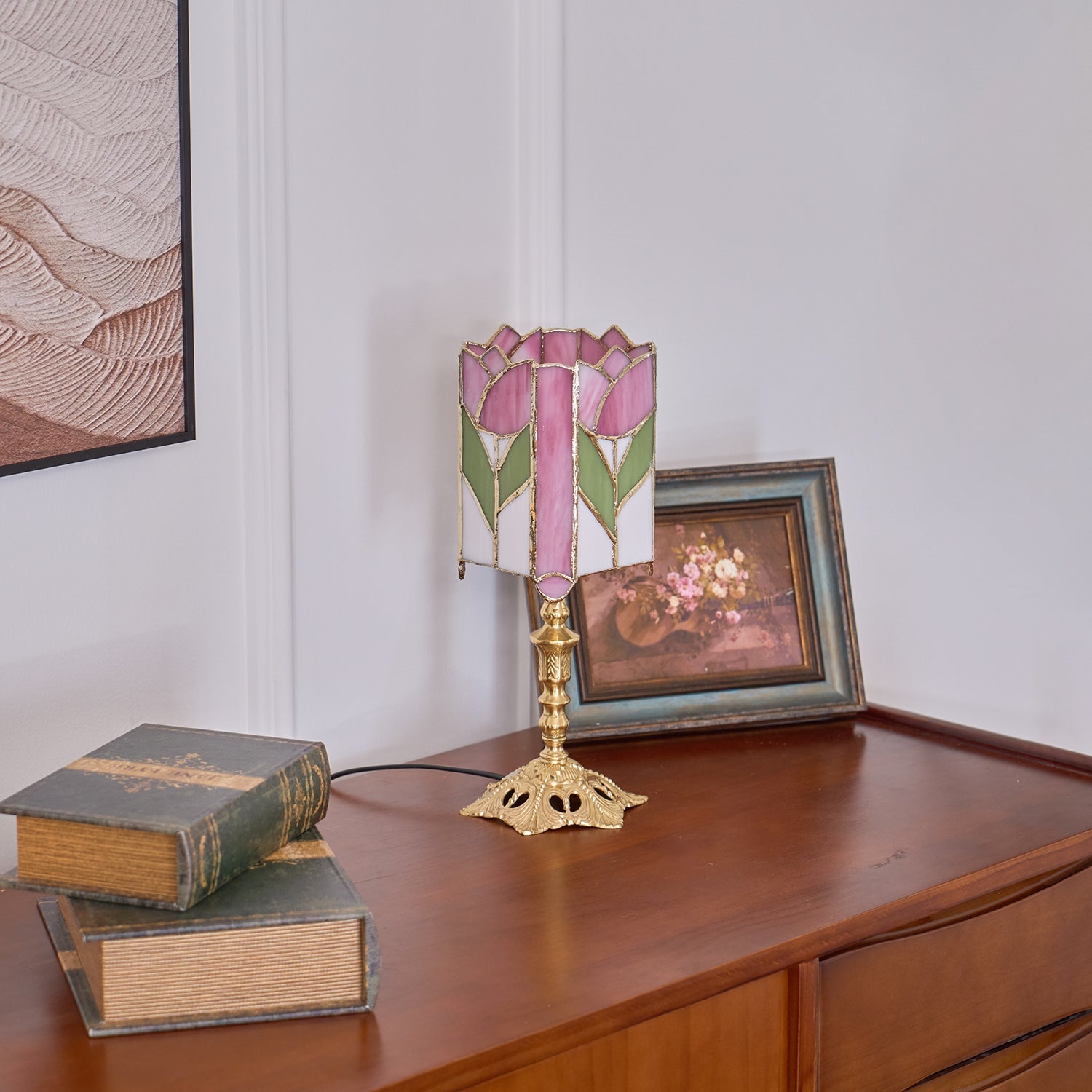 Lámpara de Mesa Tulip Tiffany en Vidrio Rosa y Verde, Diseño Floral Vintage, Base de Latón, Compatible con LED E26/E27 8