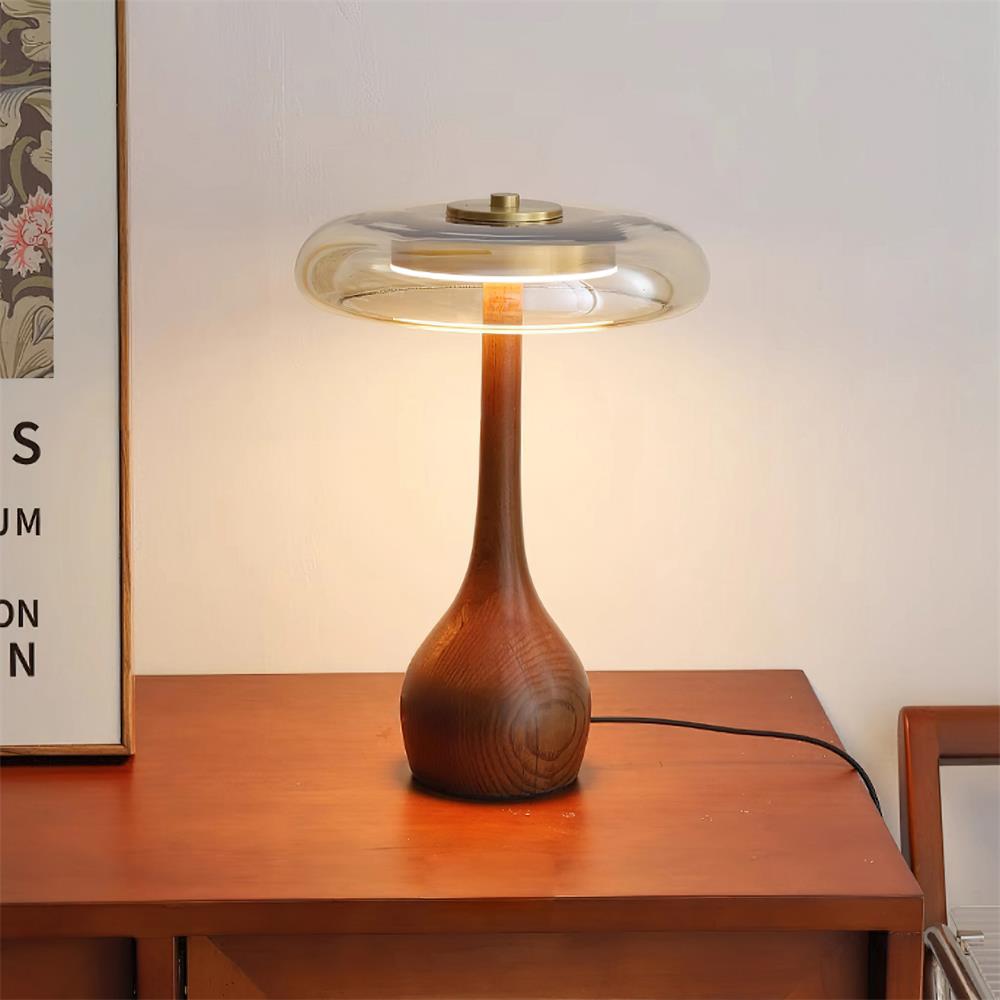 Lámpara de Mesa de Vidrio con Base de Madera y Acabado en Latón – Diseño Moderno para Mesita de Noche y Escritorio 9