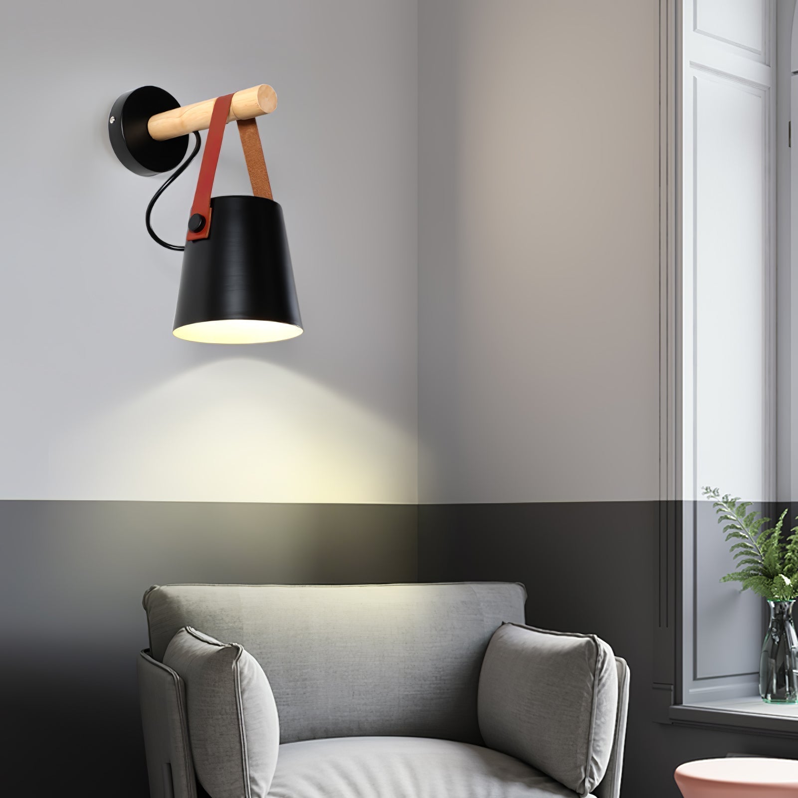 Lámpara de Pared Conical de Madera Escandinava con Luz LED Eficiente y Soporte de Cuero para Interiores 2