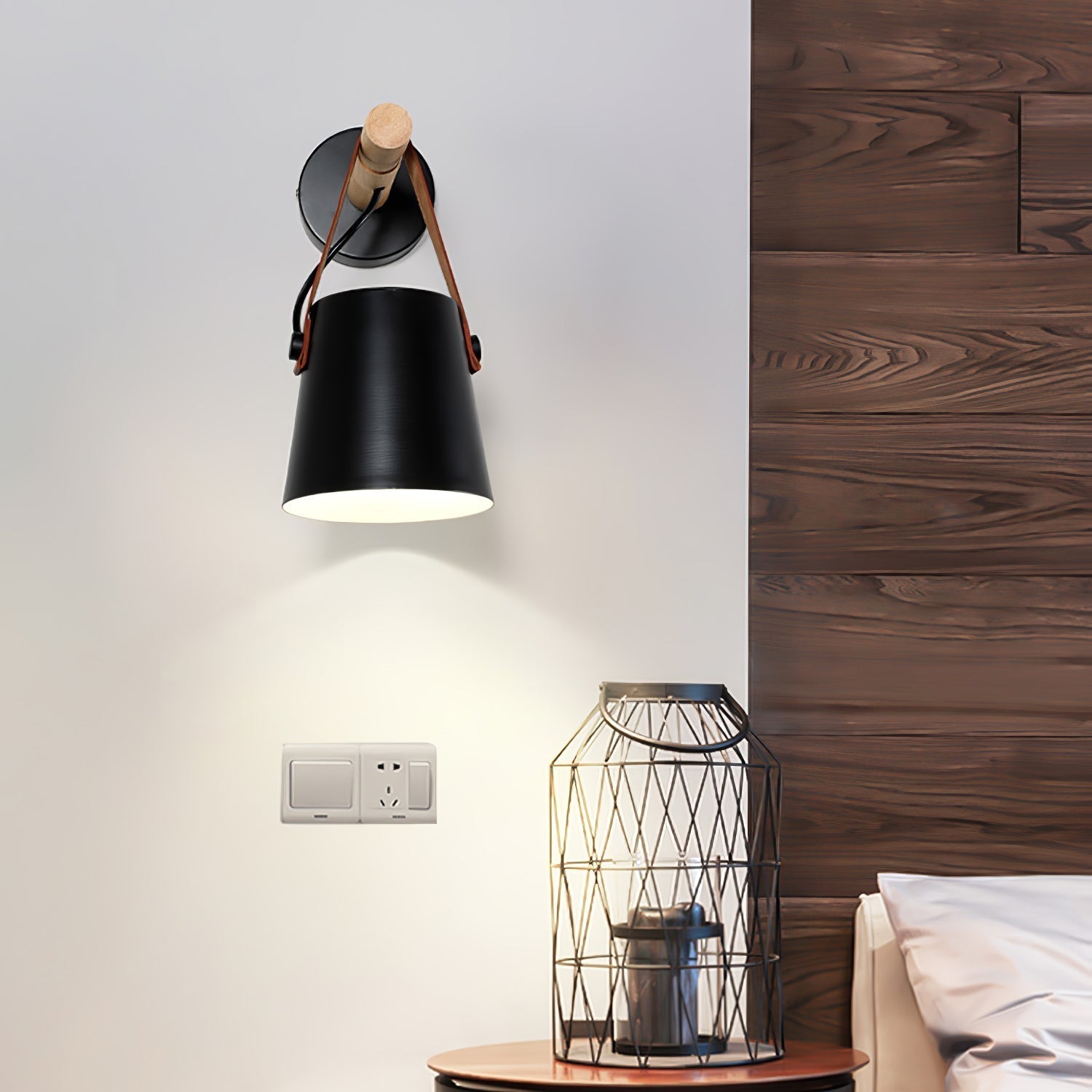Lámpara de Pared Conical de Madera Escandinava con Luz LED Eficiente y Soporte de Cuero para Interiores 7