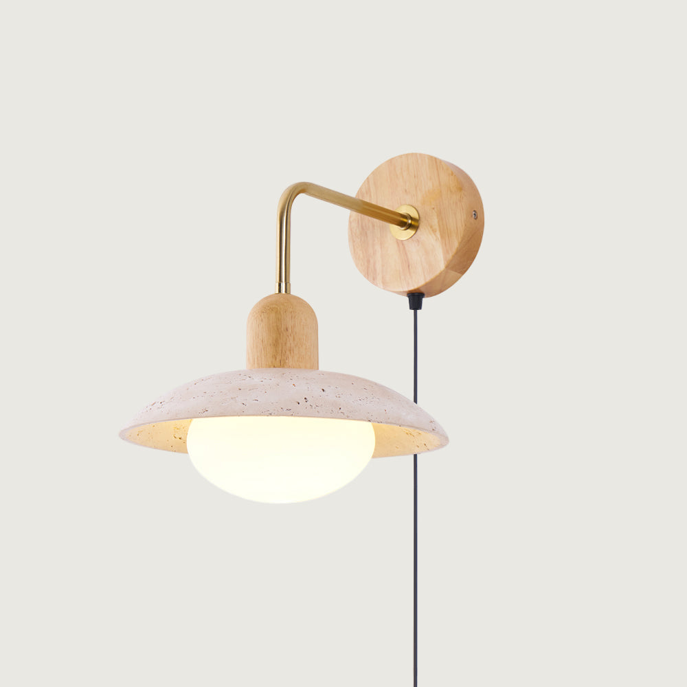 Lámpara de Pared de Diseño Moderno con Pantalla de Travertino Amarillo y Base de Madera 1
