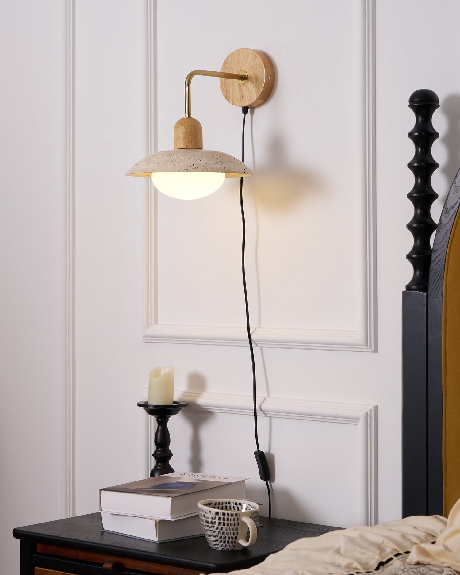 Lámpara de Pared de Diseño Moderno con Pantalla de Travertino Amarillo y Base de Madera 7