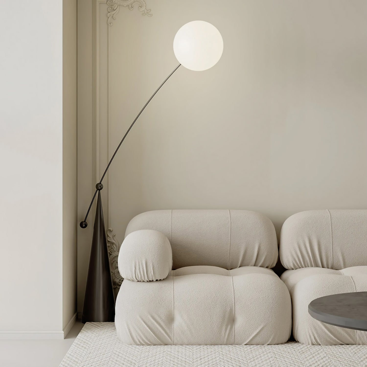 Lámpara de Pie Arco Opalina con Pantallas de Vidrio y Acabado Negro – Iluminación Interior 3