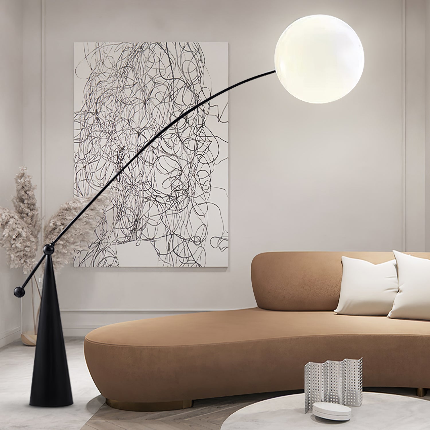Lámpara de Pie Arco Opalina con Pantallas de Vidrio y Acabado Negro – Iluminación Interior 4