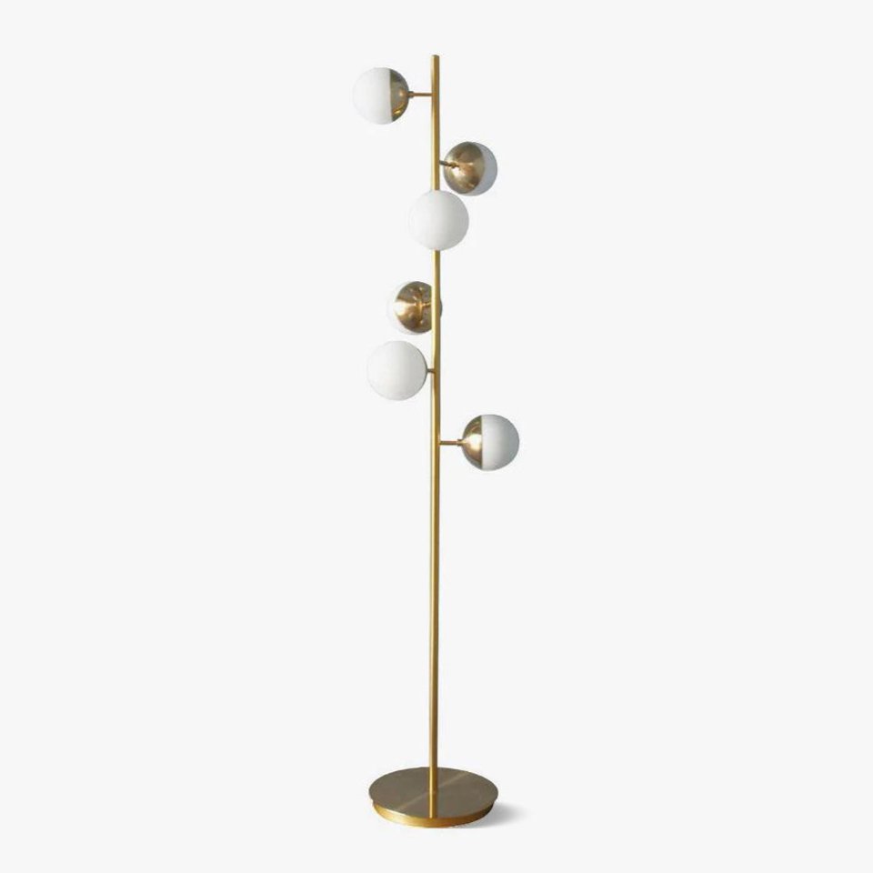 Lámpara de Pie LED Estilo Árbol con Pantallas de Vidrio Blanco y Base Dorada 1