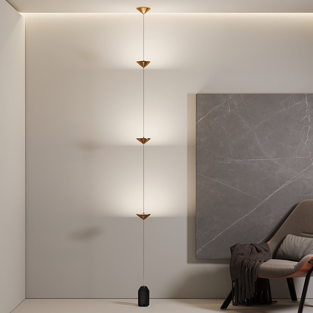 Alcor - Lámpara de Pie Moderna con Pantallas Cónicas y Luz LED Ajustable – Acabado Negro y Dorado