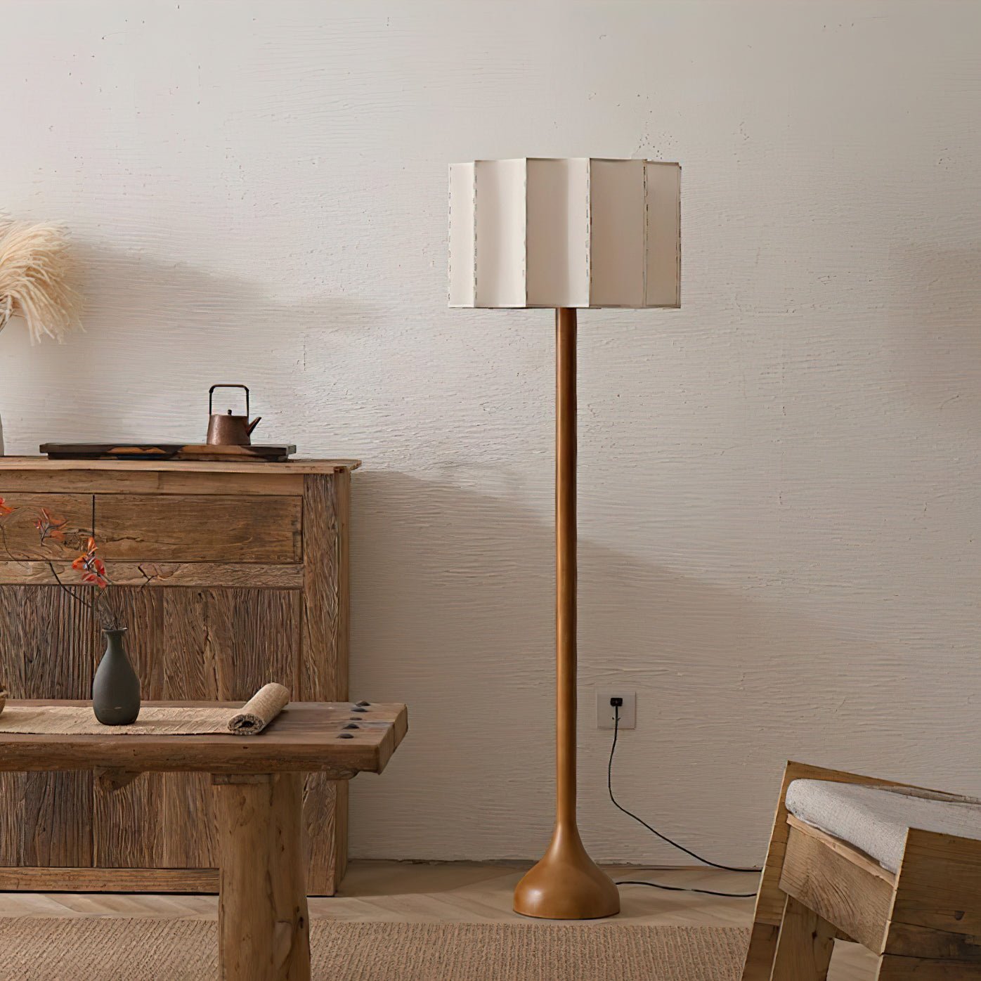 Lámpara de Pie Moderna de Madera con Pantalla Beige para Salón – Diseño Contemporáneo y Iluminación Acogedora 4