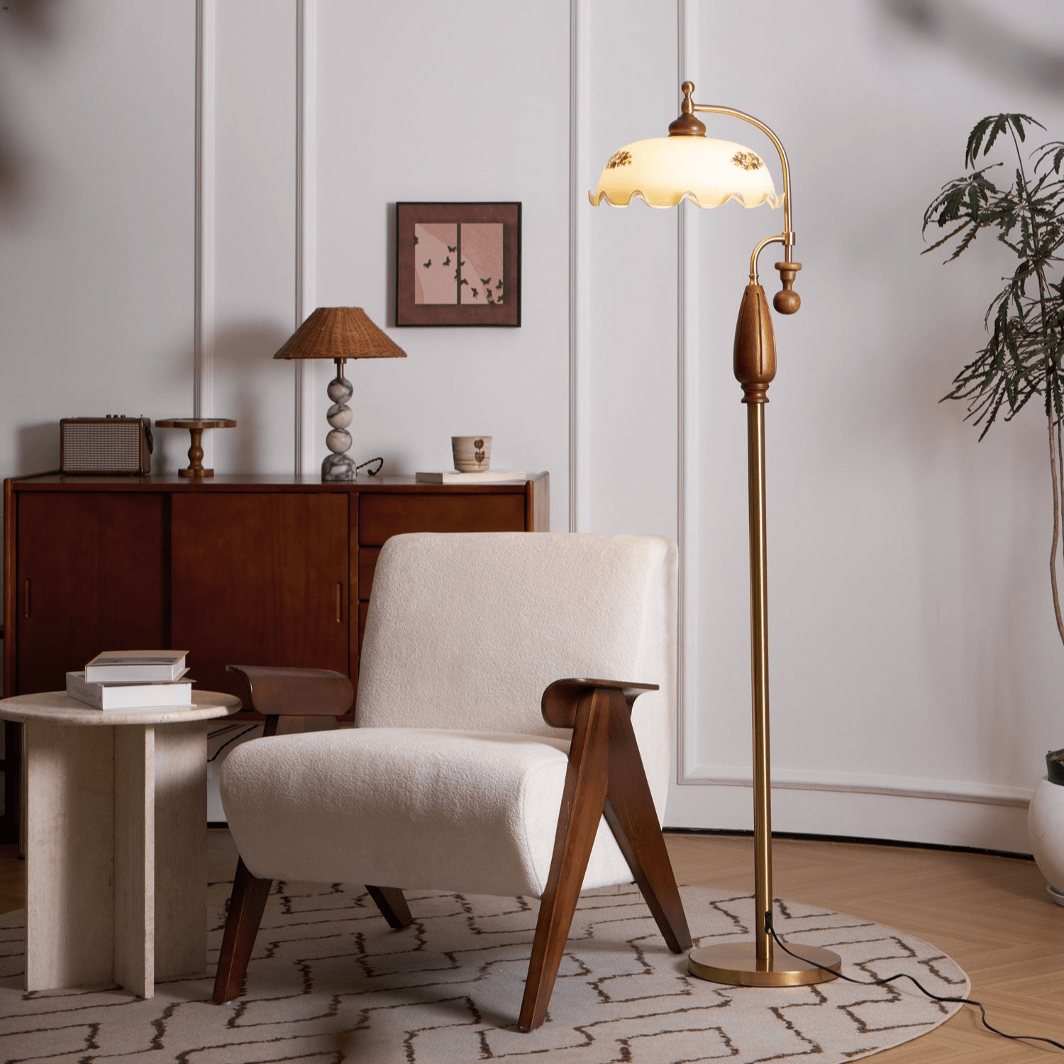 Lámpara de Pie Moderna de Madera con Pantalla de Vidrio Frosted para Sala de Estar y Dormitorio 3