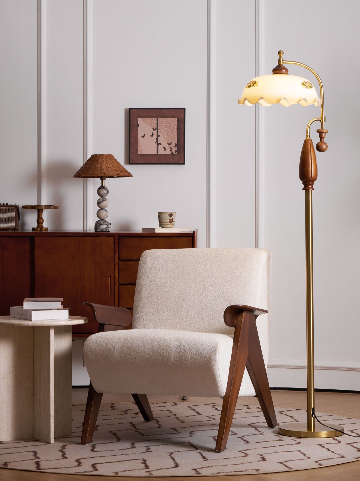 Lámpara de Pie Moderna de Madera con Pantalla de Vidrio Frosted para Sala de Estar y Dormitorio 5