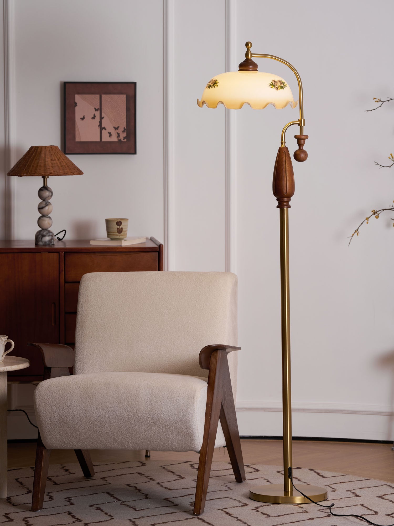 Lámpara de Pie Moderna de Madera con Pantalla de Vidrio Frosted para Sala de Estar y Dormitorio 6
