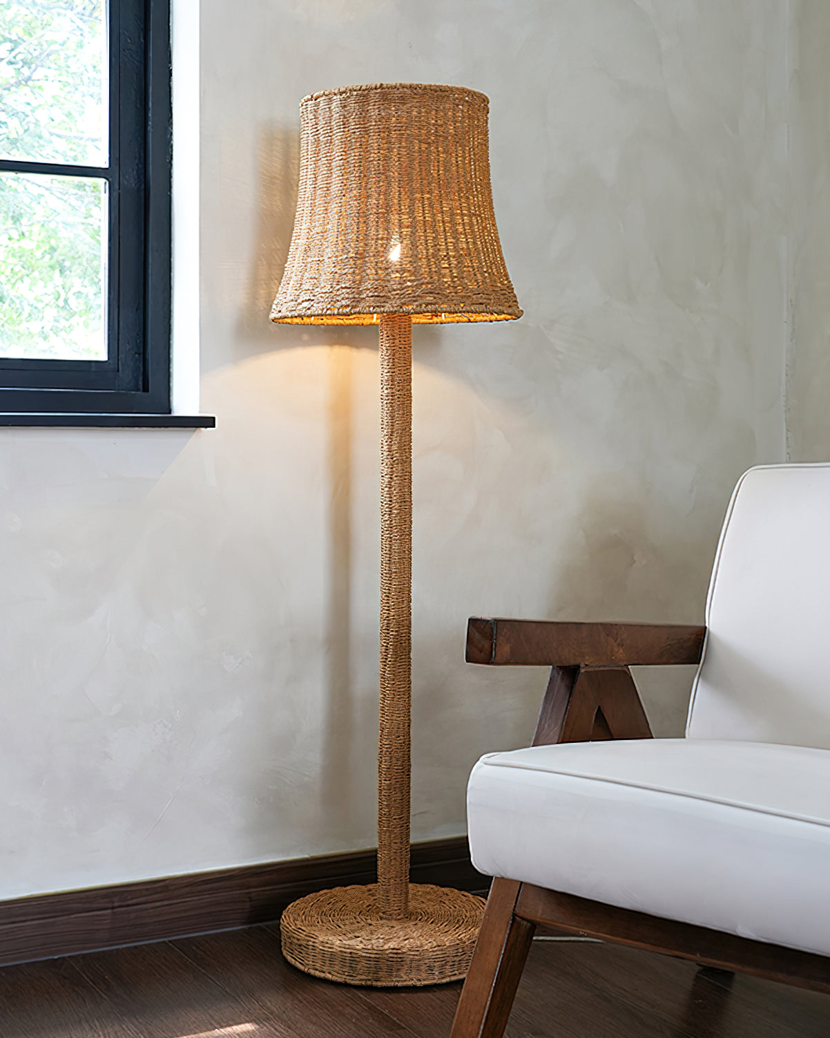 Lámpara de Pie Moderna de Ratan para Salón, Iluminación LED Artesanal, Diseño Elegante y Natural, 140 cm de Alto 4