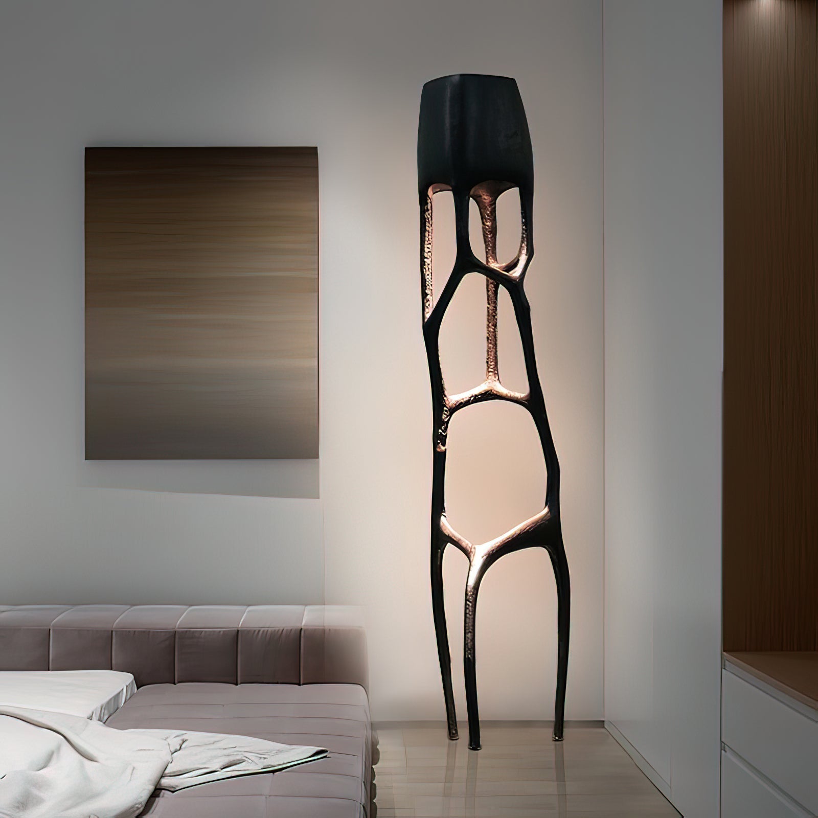 Lámpara de Pie Negra Escultural Moderna con Base de Metal y Plástico Reforzado para Interiores 2