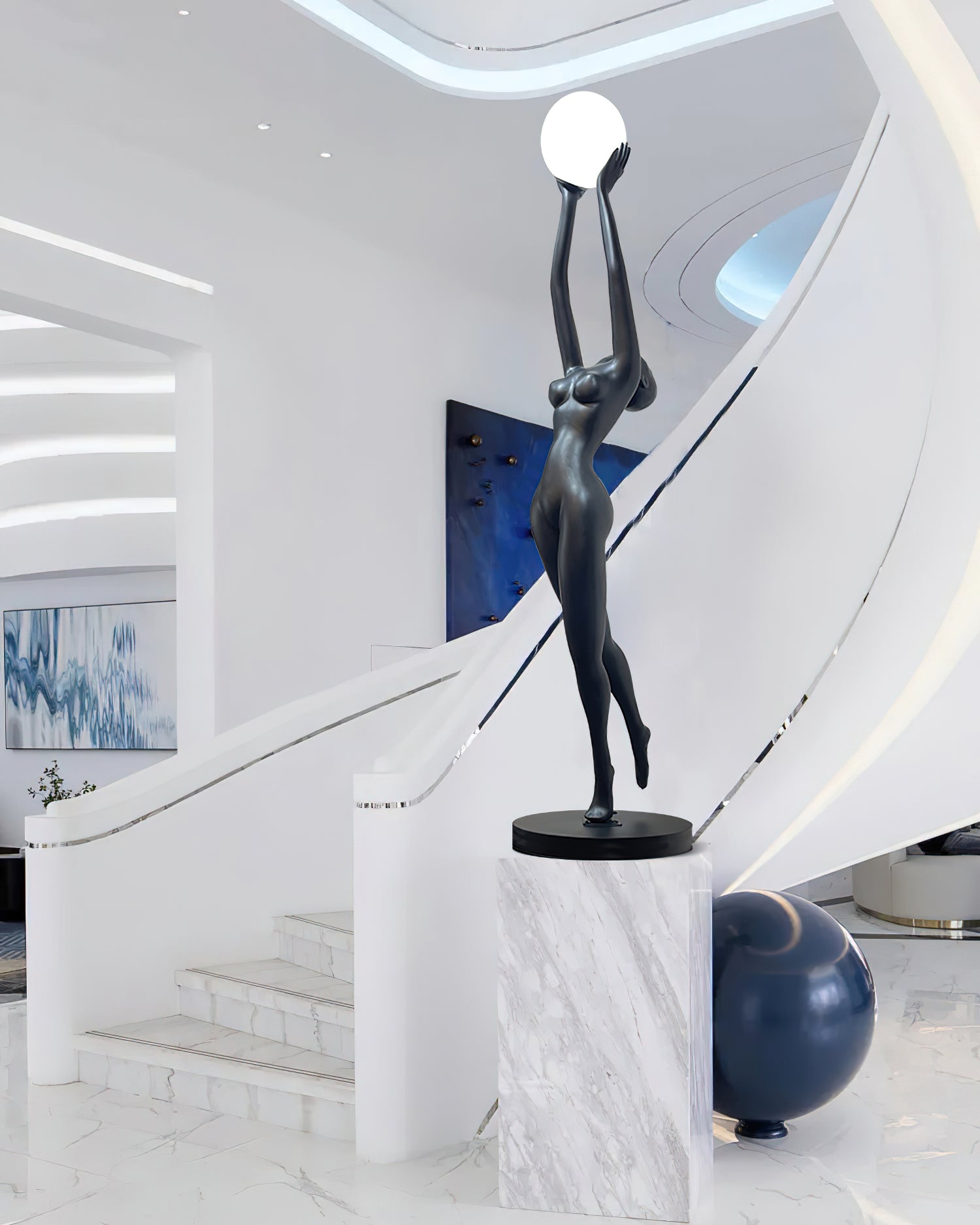 Lámpara de Pie Negra Escultural Moderna de Resina y Vidrio para Salón – Ideal para Iluminación Interior 2