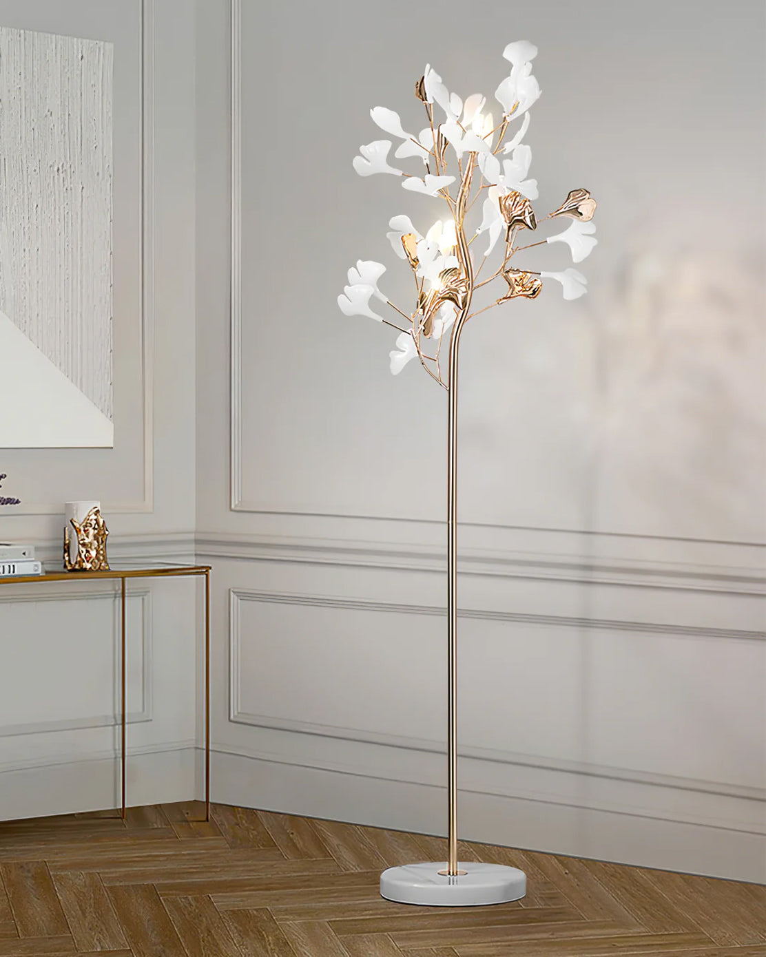 Lámpara de Pie con Diseño de Hoja de Ginkgo en Acabado Dorado y Blanco – Elegante Lámpara de Estilo Mid Century 3