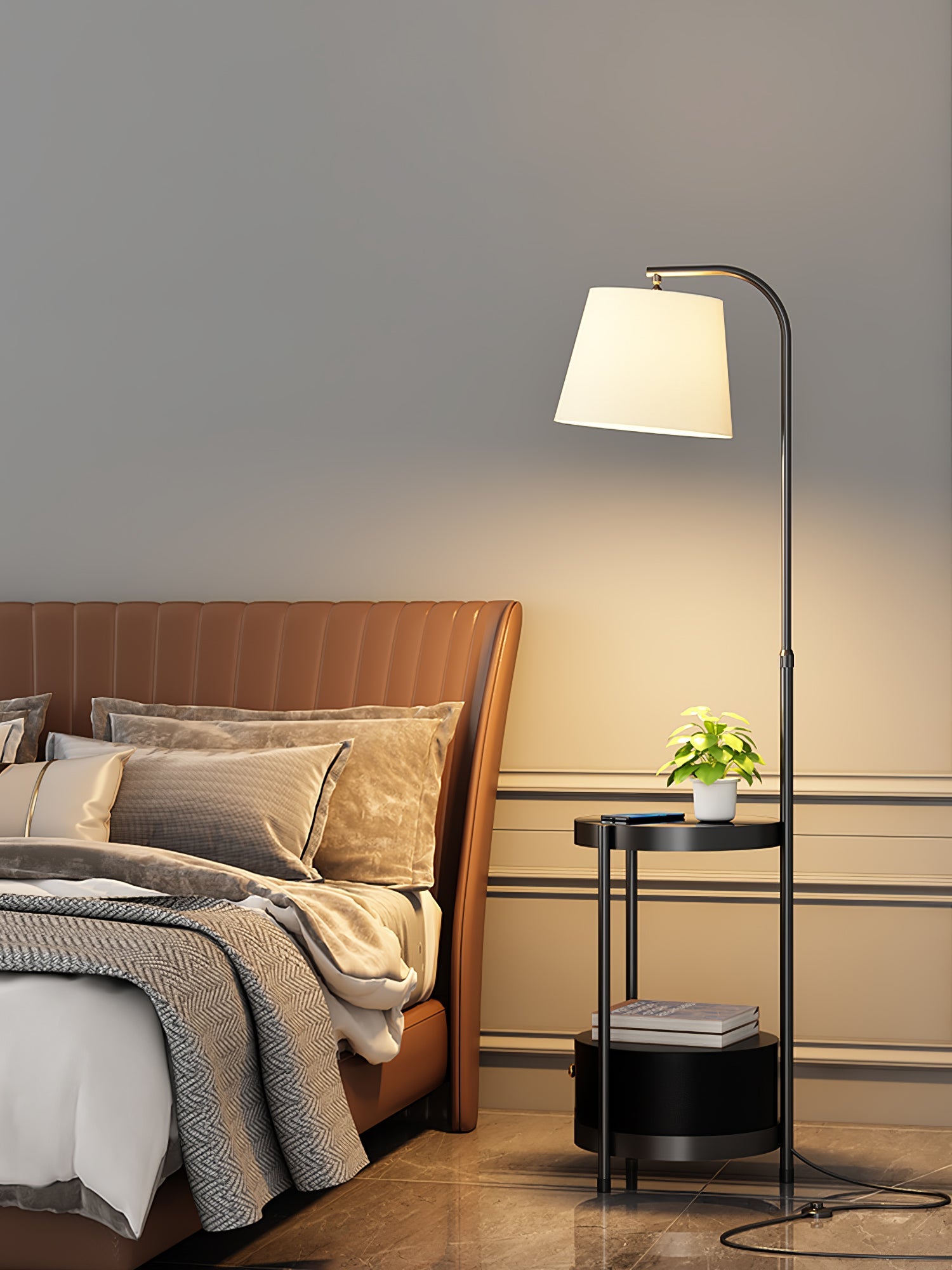 Lámpara de Pie con Mesa de Almacenamiento y Pantalla Beige – Base de Metal Dorado 10
