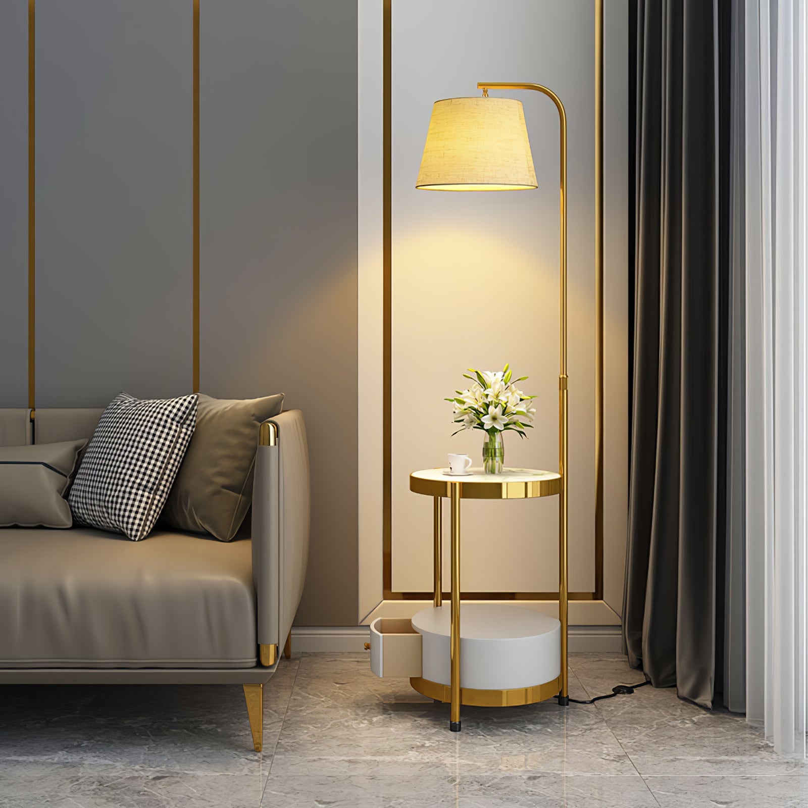 Lámpara de Pie con Mesa de Almacenamiento y Pantalla Beige – Base de Metal Dorado 2