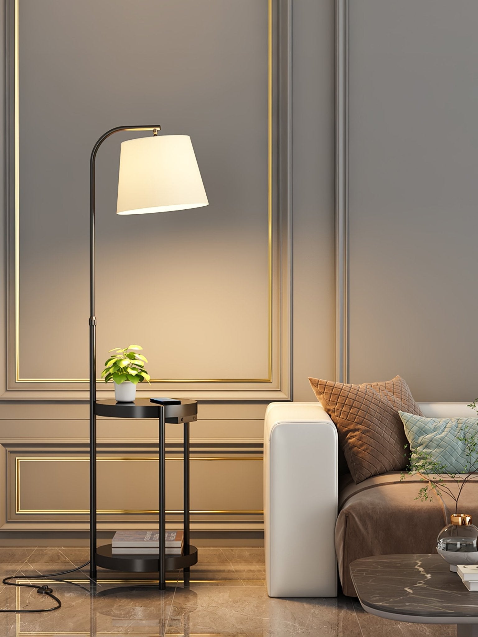 Lámpara de Pie con Mesa de Almacenamiento y Pantalla Beige – Base de Metal Dorado 5