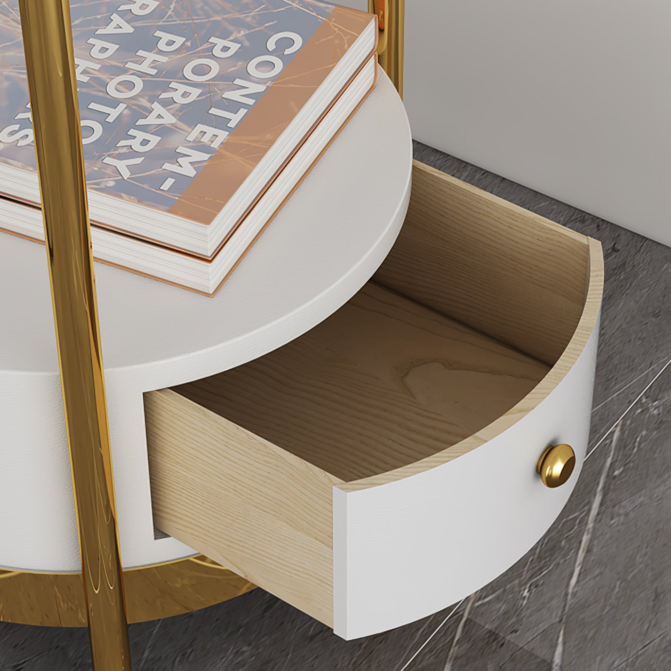 Lámpara de Pie con Mesa de Almacenamiento y Pantalla Beige – Base de Metal Dorado 6