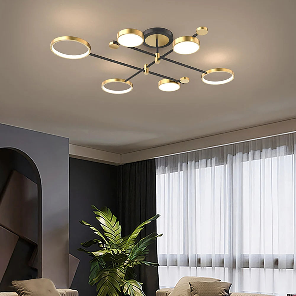 Lámpara de Techo LED Moderna en Forma de Anillos Dorados para Sala de Estar 4