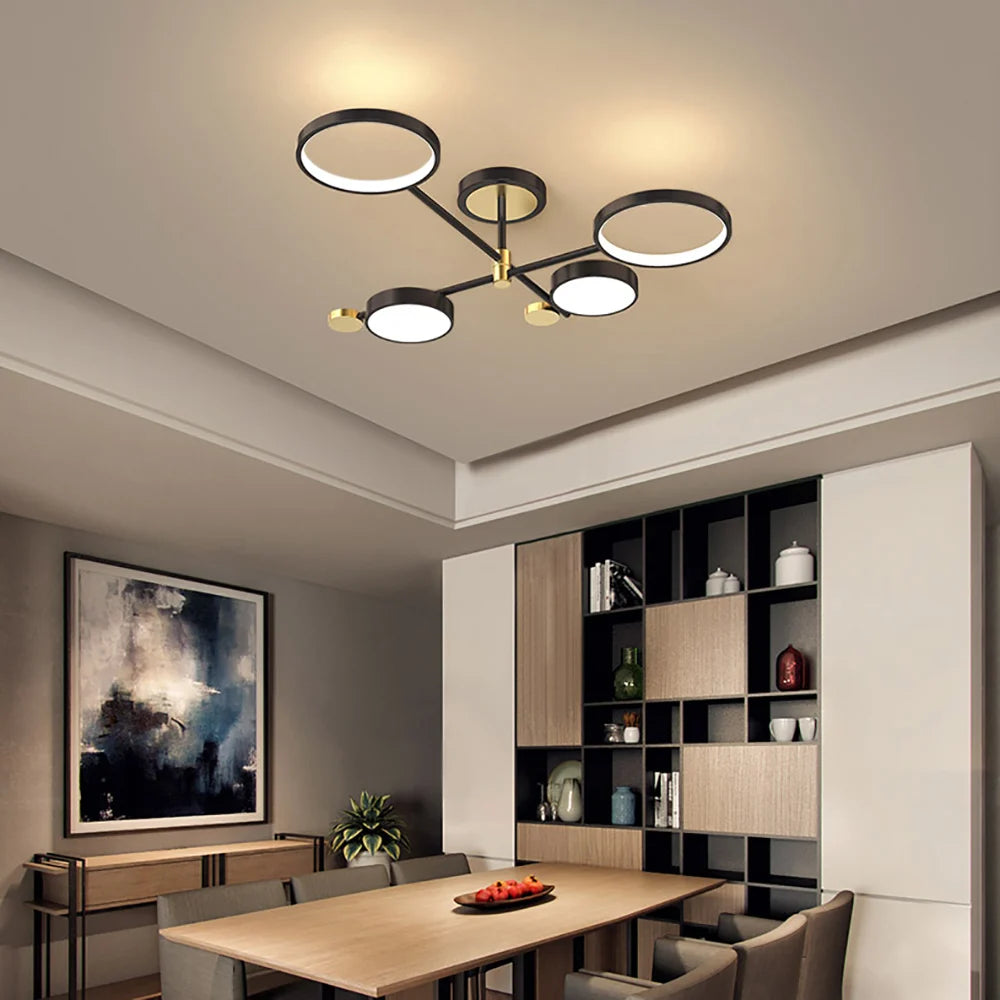 Lámpara de Techo LED Moderna en Forma de Anillos Dorados para Sala de Estar 9