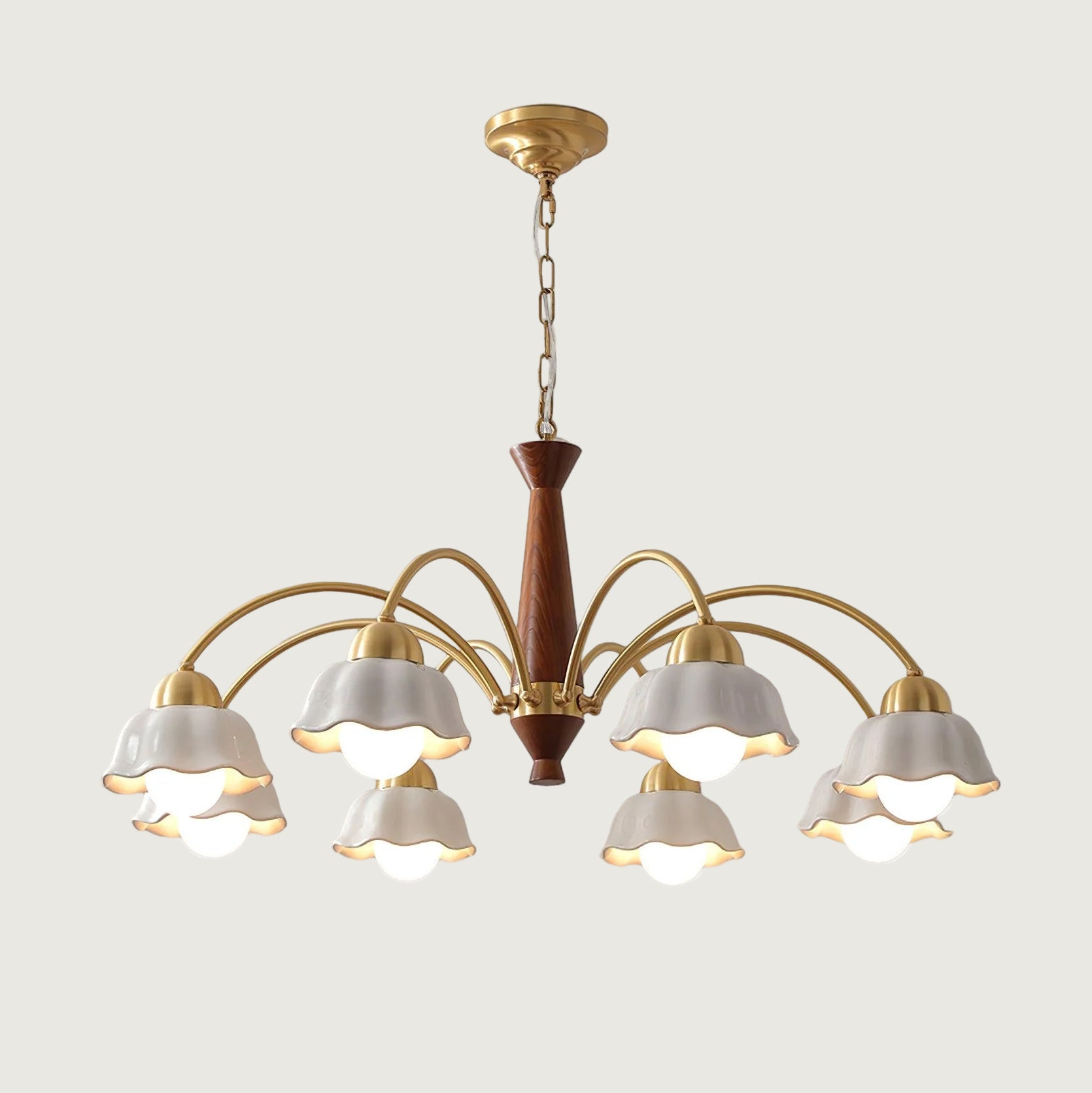 Lámpara de Techo Moderna de Latón con Cerámica Opalina y Madera, Estilo Escandinavo, Compatible con Bombillas LED 1