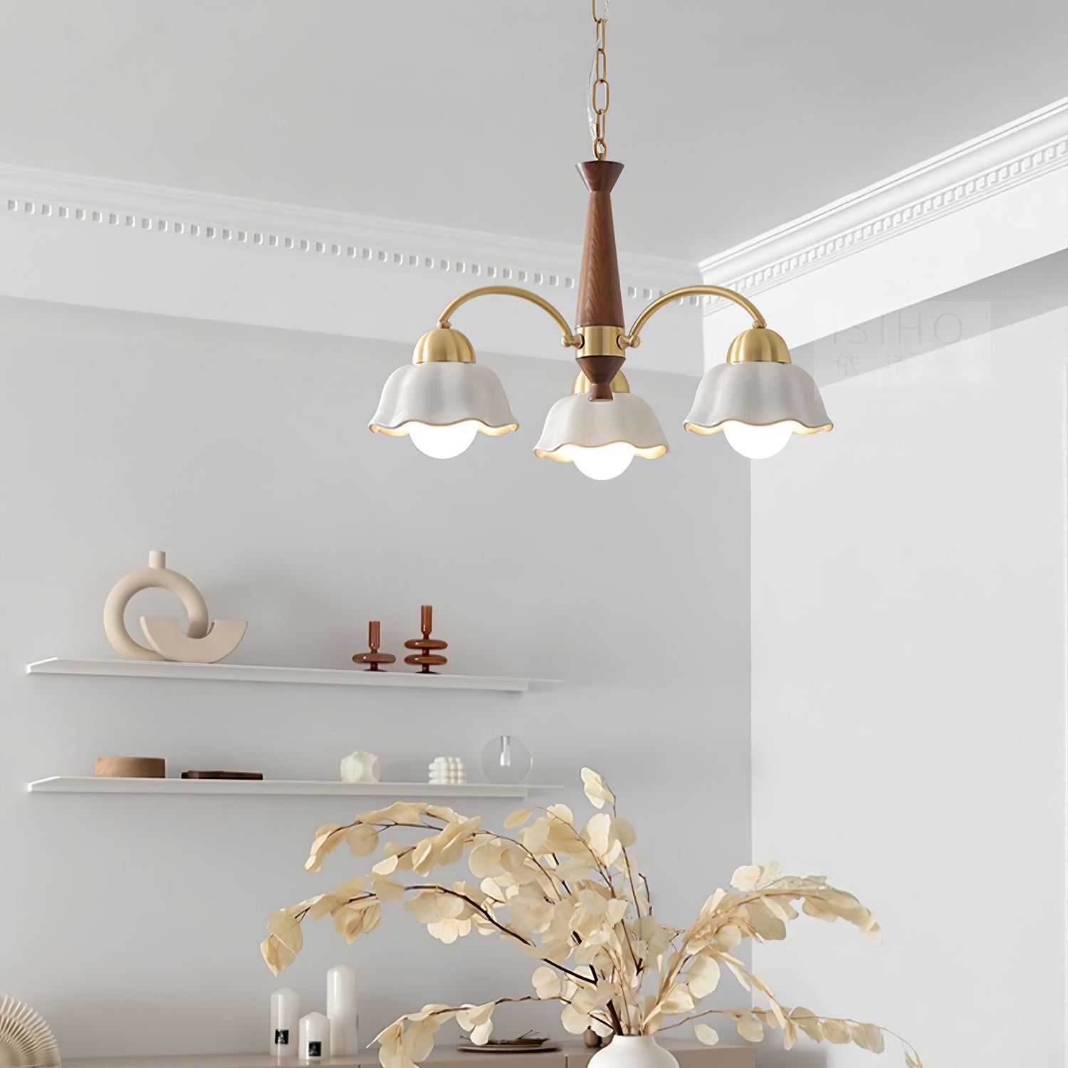 Lámpara de Techo Moderna de Latón con Cerámica Opalina y Madera, Estilo Escandinavo, Compatible con Bombillas LED 4