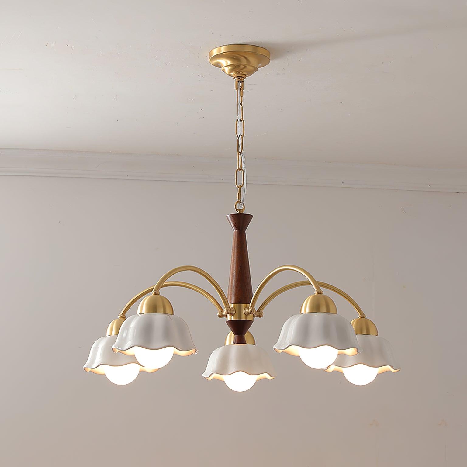 Lámpara de Techo Moderna de Latón con Cerámica Opalina y Madera, Estilo Escandinavo, Compatible con Bombillas LED 9