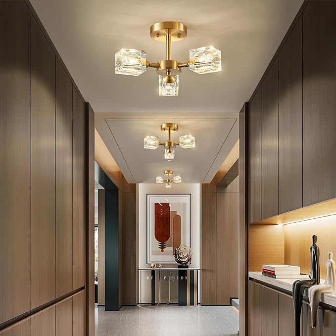 Lámpara de Techo Semi Flush Mount de Cristal Dorado para Dormitorio – Iluminación Elegante 0