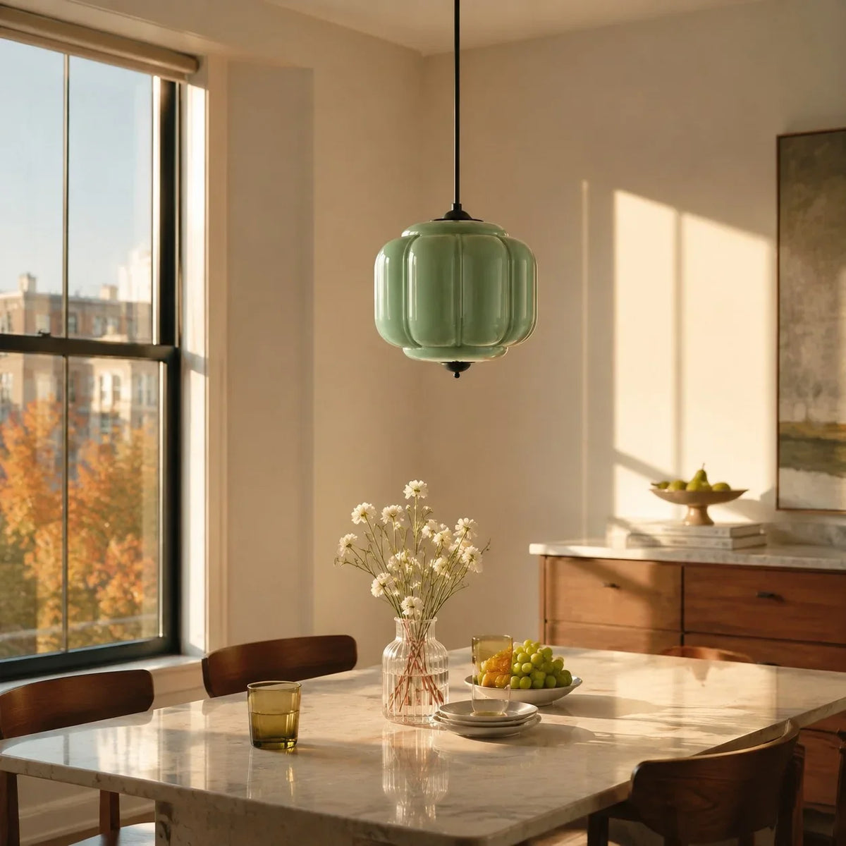 Lámpara colgante vintage de cristal Zapela sobre una isla de cocina – imagen 9
