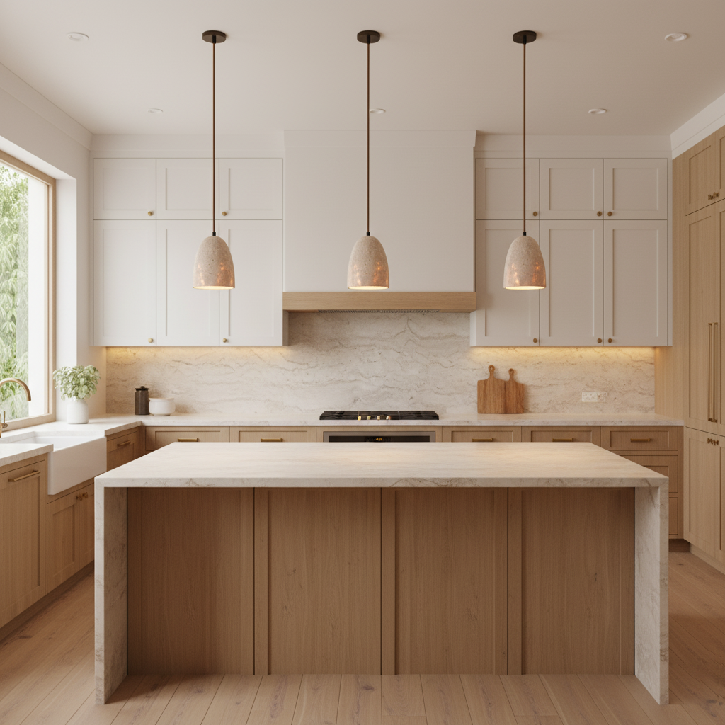 Lámpara colgante de travertino Pedrela sobre una isla de cocina – imagen 14