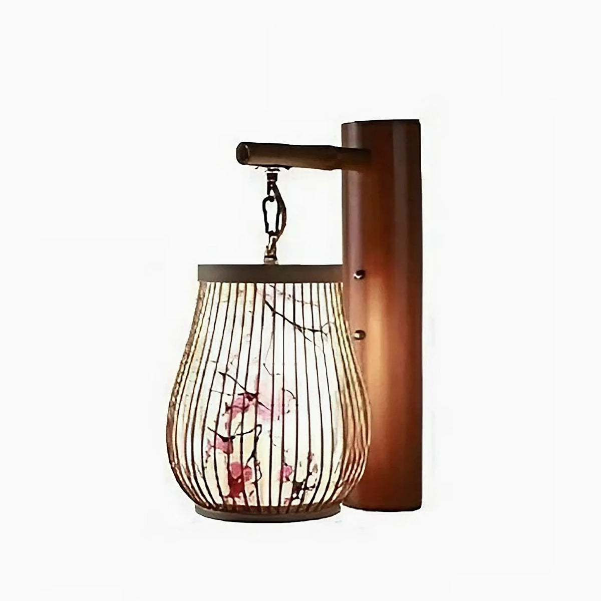 Aplique de pared farol de bambú Wambura – pantalla rosa con flor de ciruelo