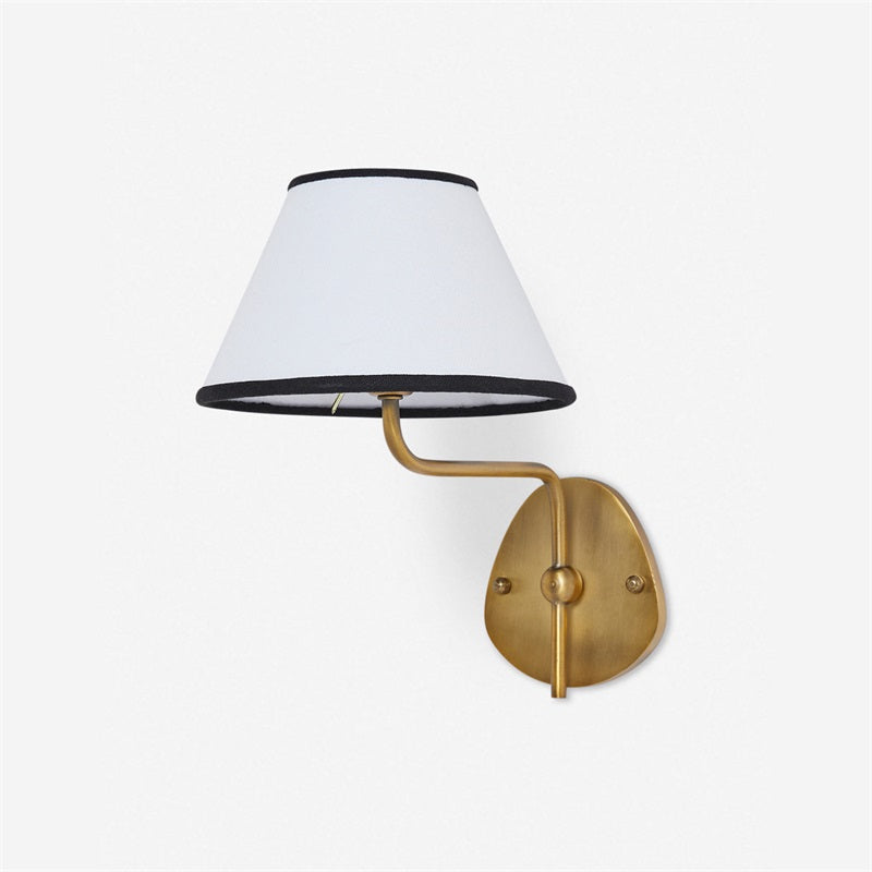 Aplique de pared Mareta – 1 luz, latón natural, pantalla blanca con ribete negro