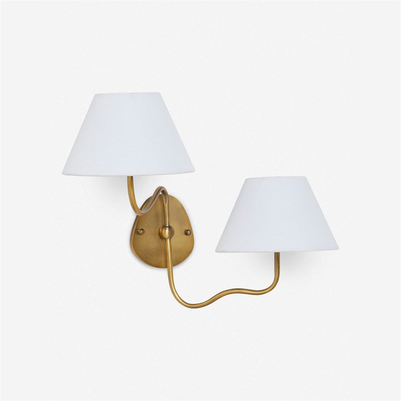 Aplique de pared Mareta – 2 luces, brazo a la derecha, latón natural, pantalla blanca