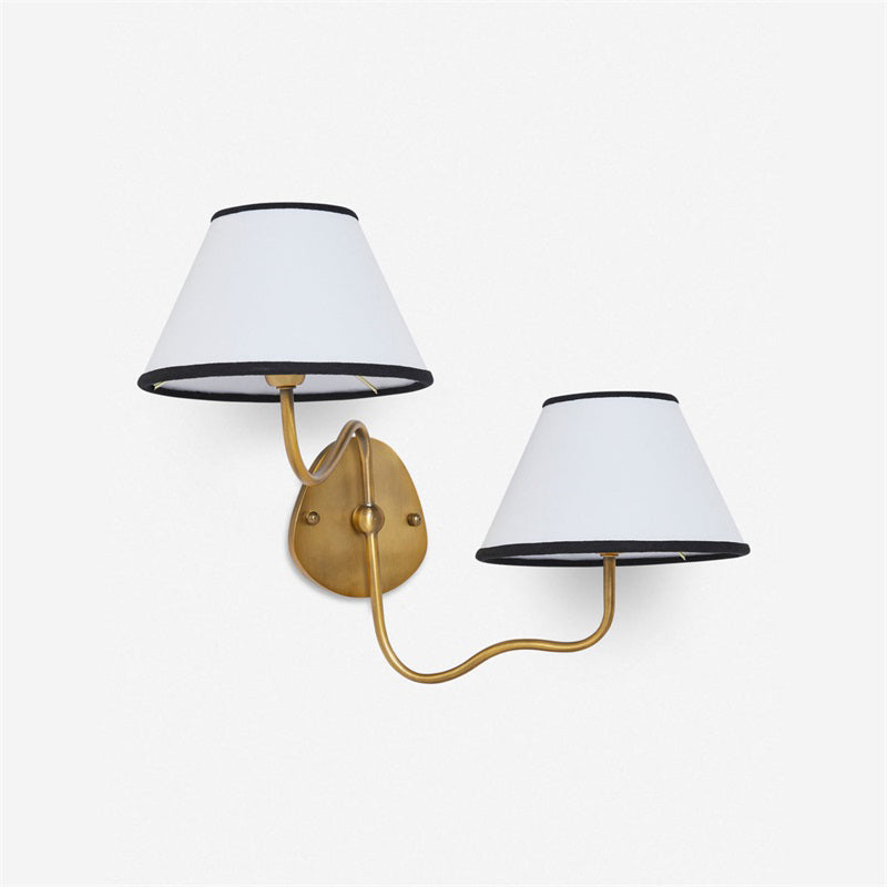 Aplique de pared Mareta – 2 luces, brazo a la derecha, latón natural, pantalla blanca con ribete negro