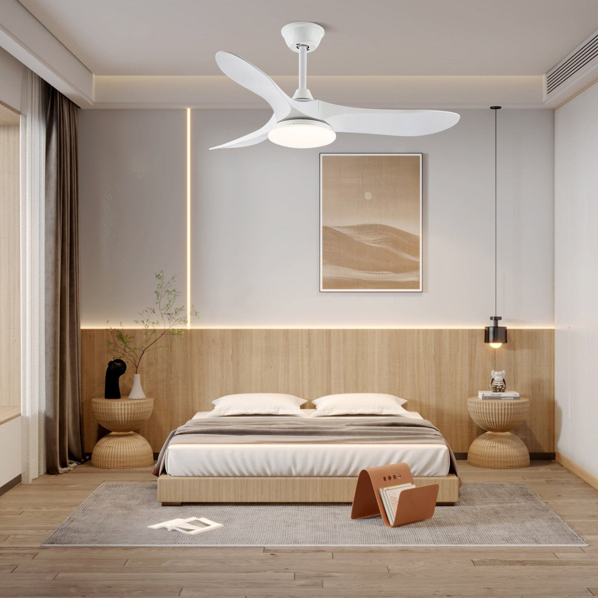 Ventilador de techo con luz Tilara en un salón natural – imagen 4