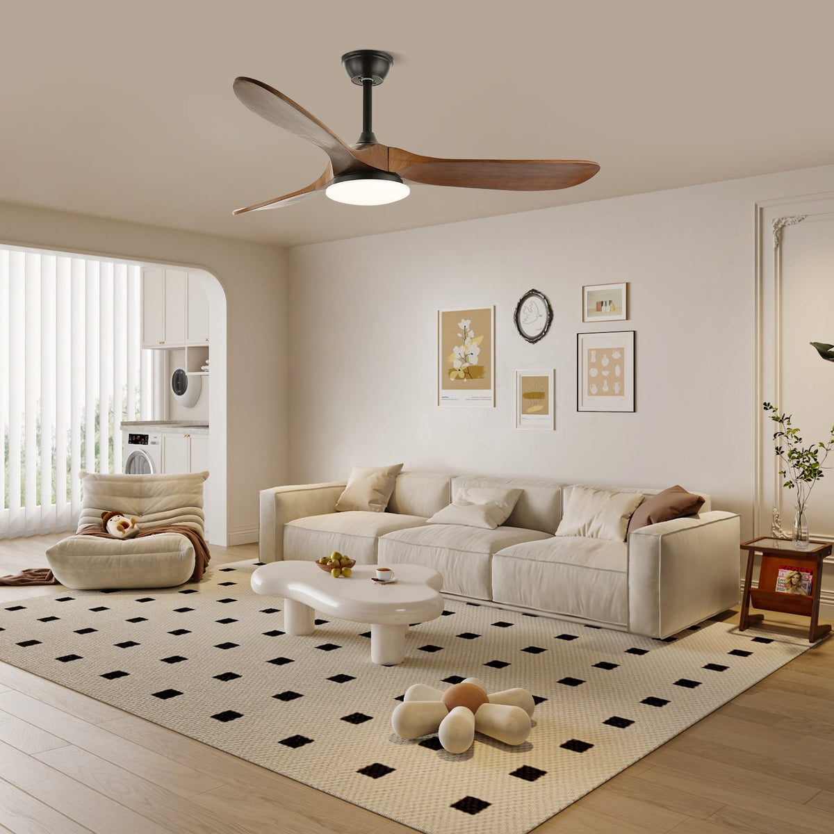 Ventilador de techo con luz Tilara en un salón natural – imagen 9