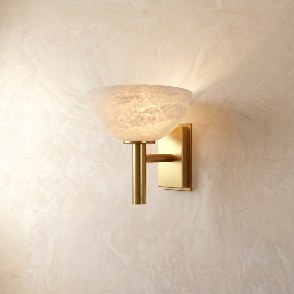 Aplique de pared con cuenco de alabastro Zuenca – brazo dorado