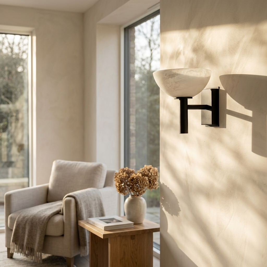 Aplique de pared con cuenco de alabastro Zuenca – brazo negro junto a un sillón