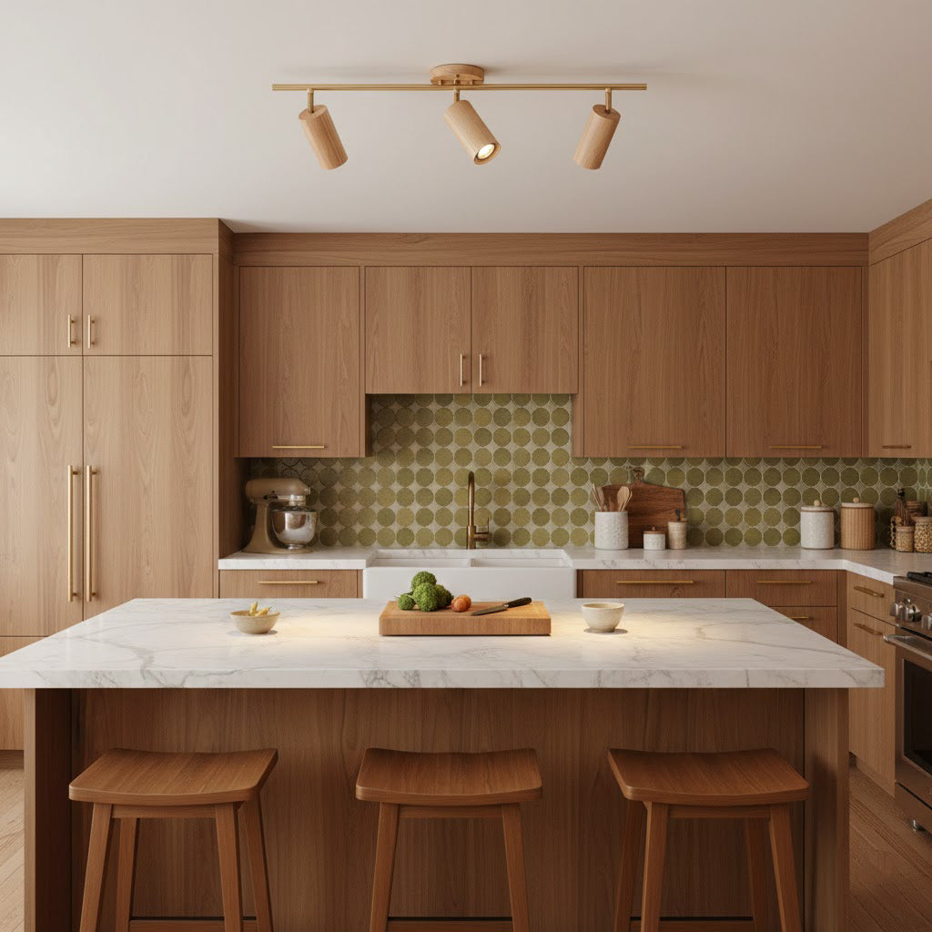 Lámpara de techo de focos de madera Rayuela sobre la encimera de una cocina – imagen 5