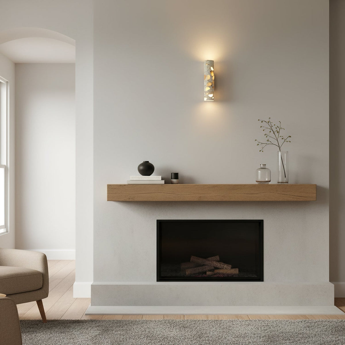 Aplique de pared de terrazo Terrela junto a una cama de madera – imagen 10