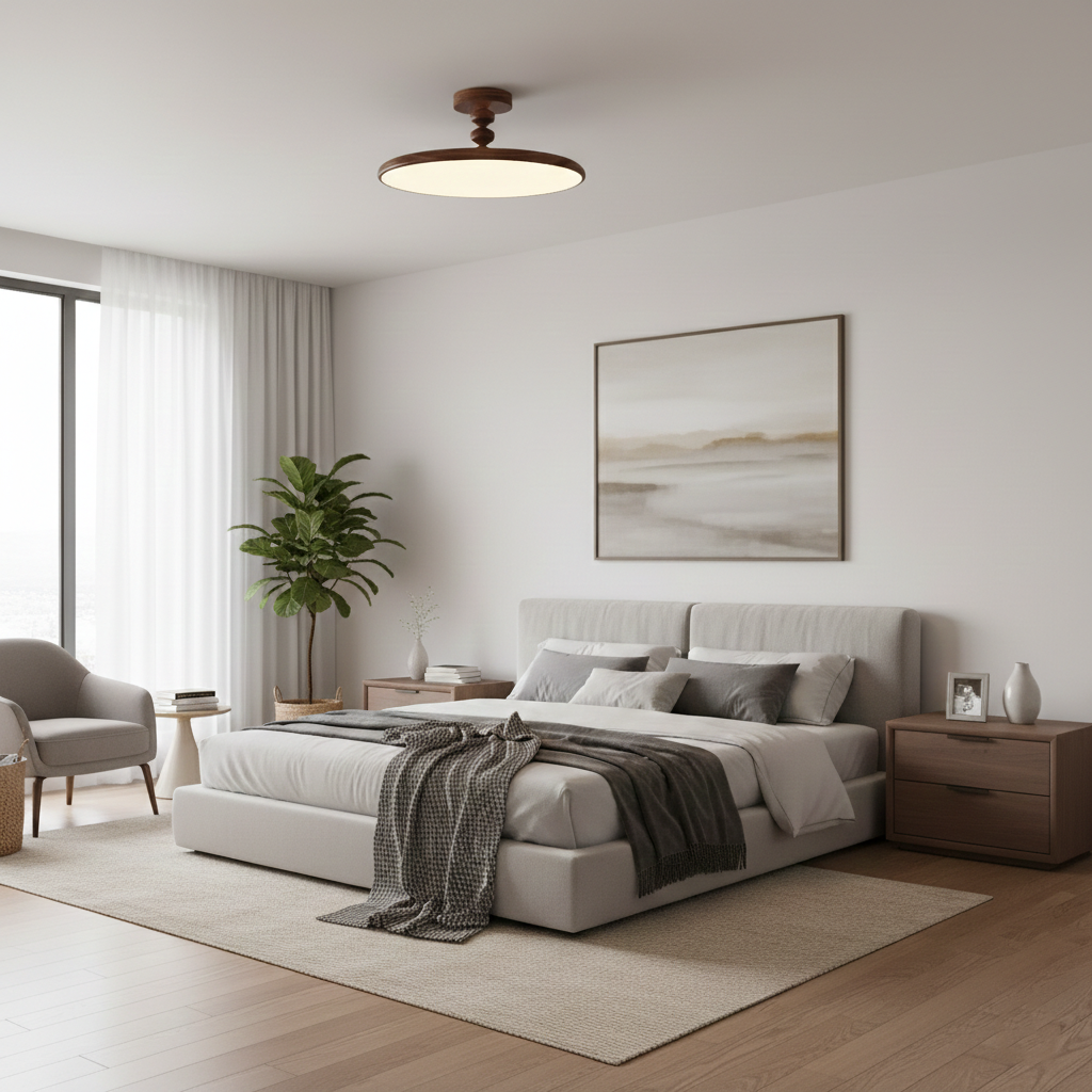 Plafón LED efecto nogal Eclipsa en un dormitorio cálido – imagen 8