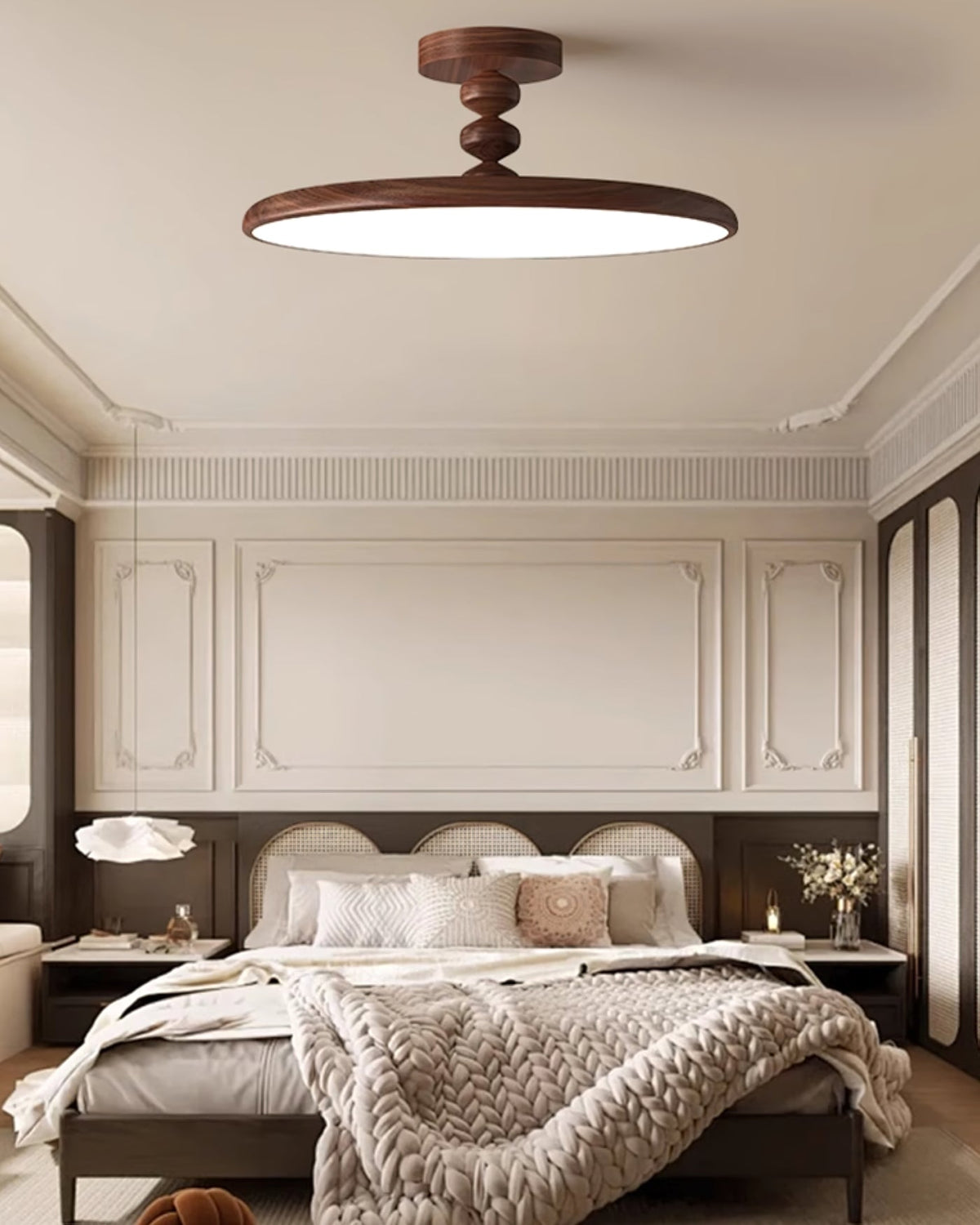 Plafón LED efecto nogal Eclipsa en un dormitorio cálido – imagen 14