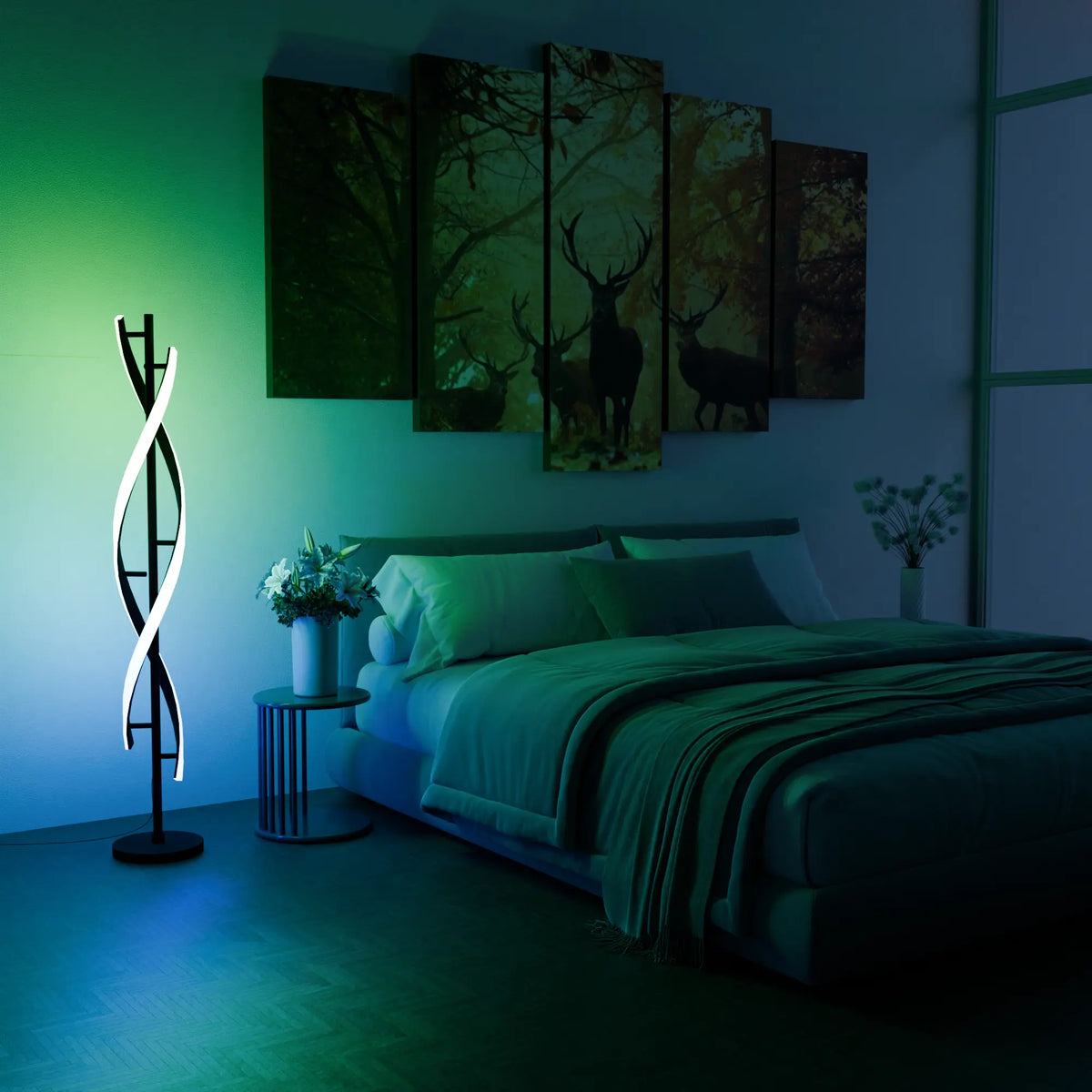 Lámpara de pie LED en espiral Rizena – luz RGB en un dormitorio verde