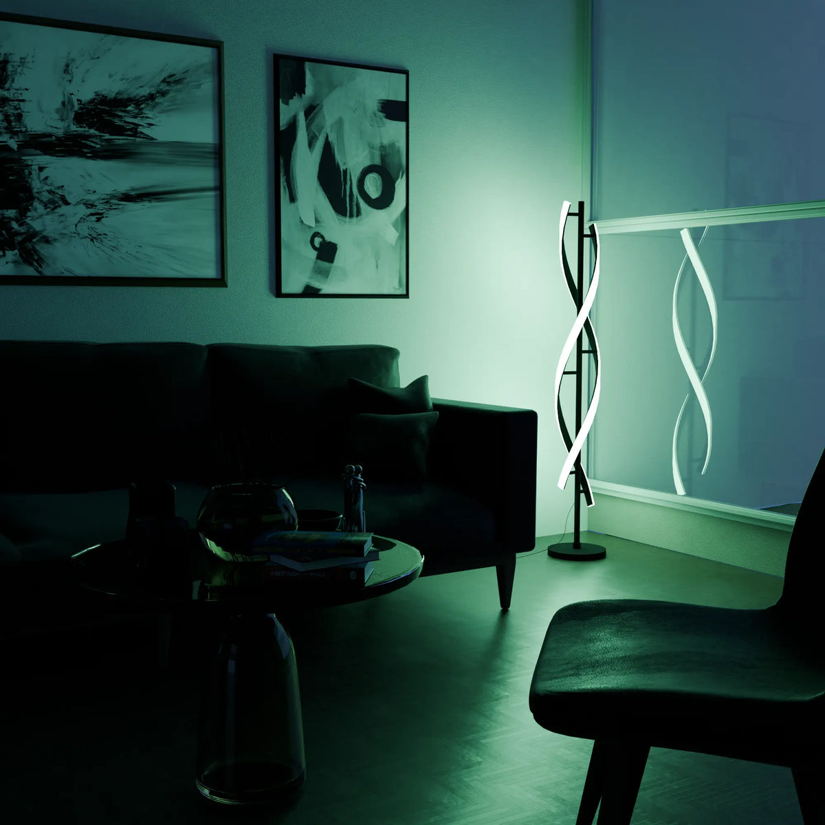 Lámpara de pie LED en espiral Rizena – en un salón con ambiente verde