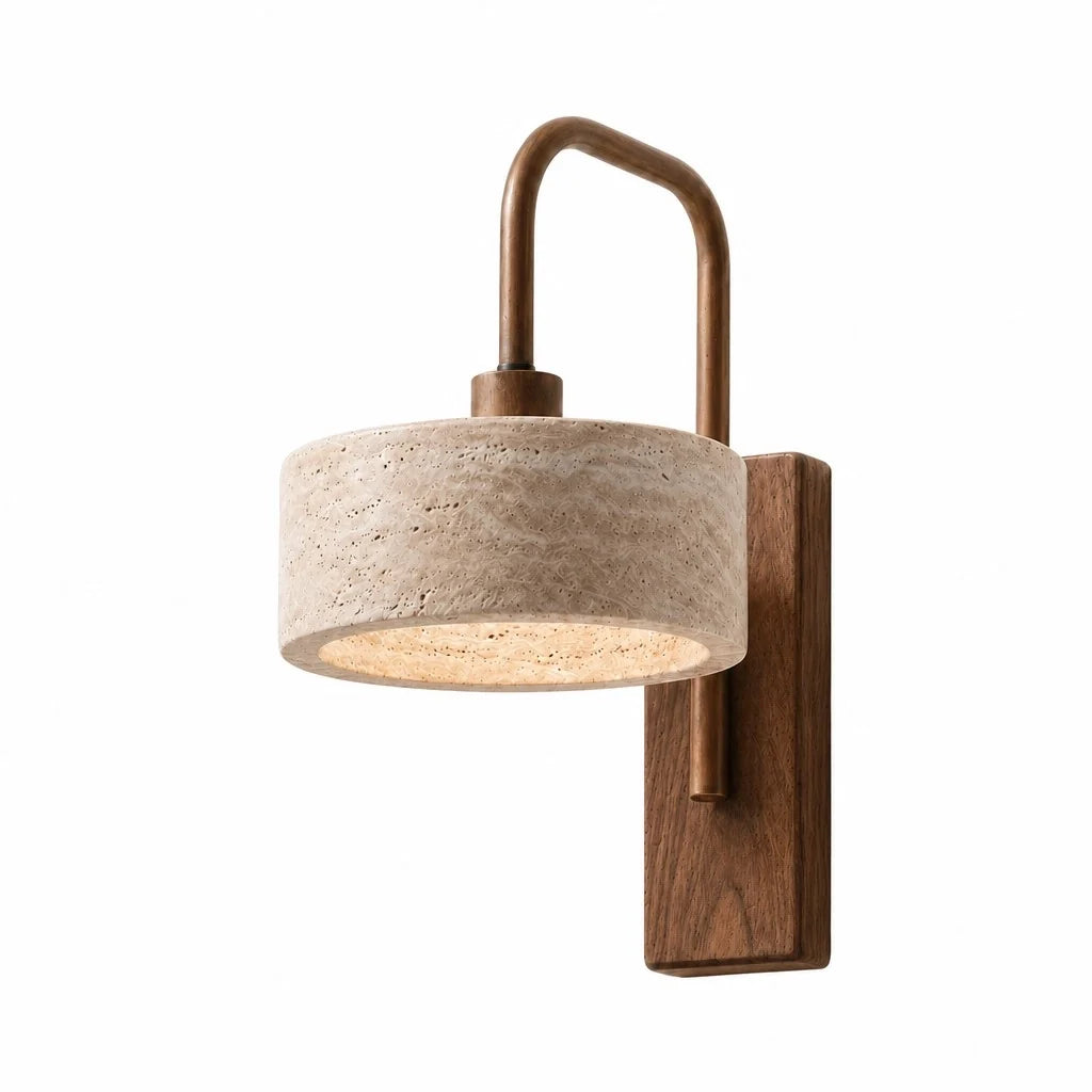 Aplique de pared de travertino Pedrisa – pantalla cilíndrica de travertino con base de nogal