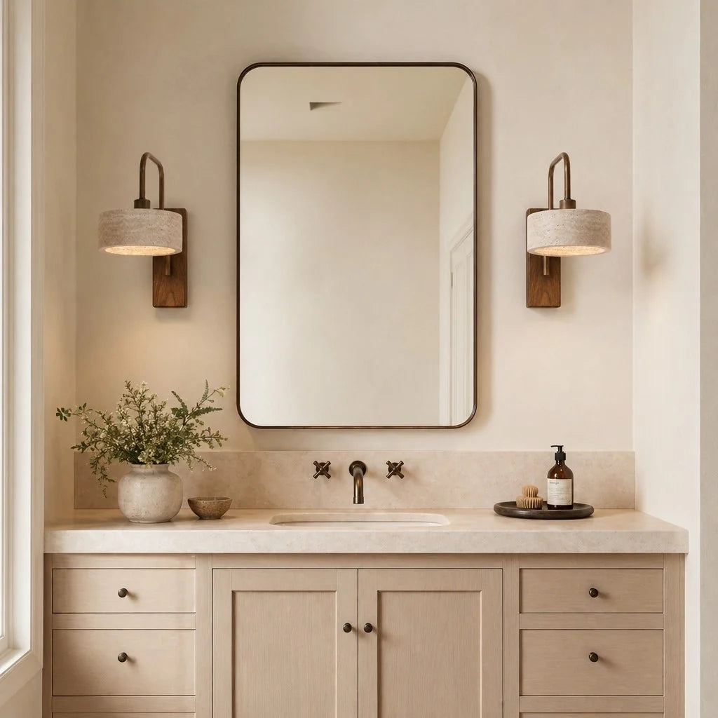 Aplique de pared de travertino Pedrisa en un dormitorio sereno – imagen 15