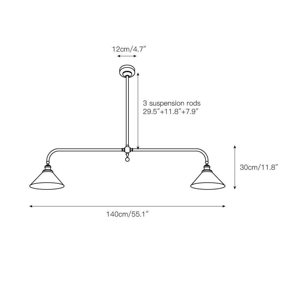 Lámpara colgante lineal de latón Yunta – largo 140 cm