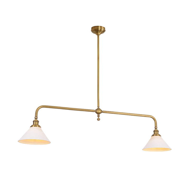 Lámpara colgante lineal Yunta – latón, pantalla de cerámica, largo 140 cm