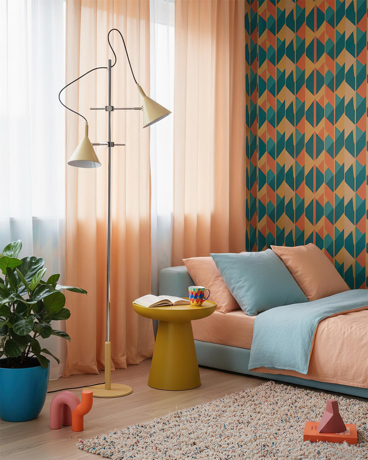 Lámpara de pie doble cono Trompela en un salón de estilo pop – imagen 11